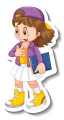 Sticker template with a student girl cartoon character isolated