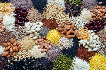 Variety kind of dry organic cereal and grain seeds pile, for healthy or clean food ingredient or agricultural product concept