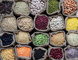 Collection of dry organic cereal and grain seeds in sack, for healthy or clean food ingredient or agricultural product concept