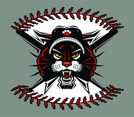wildcat baseball team mascot with stitches and crossed bats for school, college or league