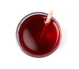Fresh pomegranate juice in glass on white background, top view