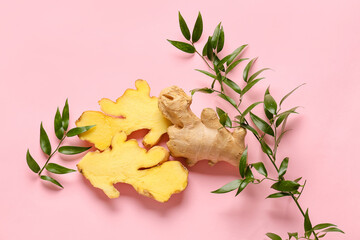 Composition with fresh ginger on color background