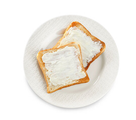 Delicious toasts with butter on white background, top view