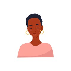 African woman with short haircut with closed eyes, vector illustration in flat style, cartoon.