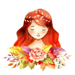 Watercolor autumn woman with flower wreath