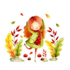 Watercolor hand drawn autumn girl with leaves
