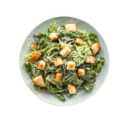 Plate with tasty Caesar salad on white background
