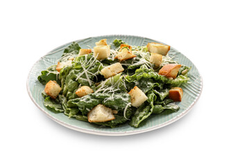 Plate with tasty Caesar salad on white background