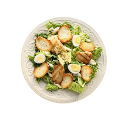 Plate with tasty Caesar salad on white background
