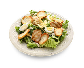 Plate with tasty Caesar salad on white background