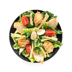 Plate with tasty Caesar salad on white background