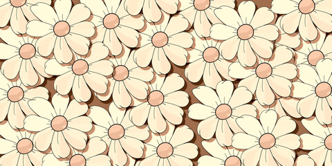 Set of DAISIES in nostalgic ocher tone. Variety of marguerites for background. Refreshing card. Floral theme. Positive and cheerful banner of flowers. Banner full of life.