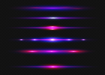 Red horizontal lens flares pack. Laser beams, horizontal light rays.Beautiful light flares. Glowing streaks on dark background.