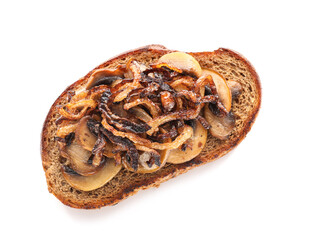 Tasty bruschetta with mushrooms on white background