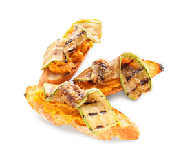 Tasty bruschettas with squash on white background