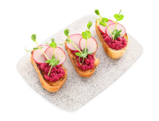Tasty bruschettas with radish on white background