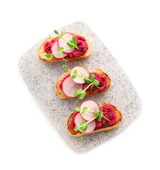 Tasty bruschettas with radish on white background