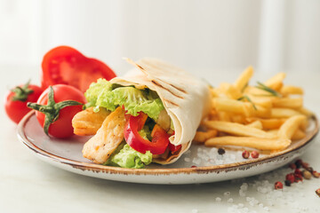Plate with tasty doner kebab and french fries on light background, closeup