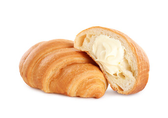 Delicious croissants with cream on white background