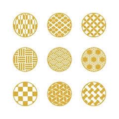 シンプルな和風のシームレスパターンセット　日本の伝統文様　金色