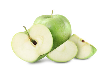 Whole and cut apples on white background