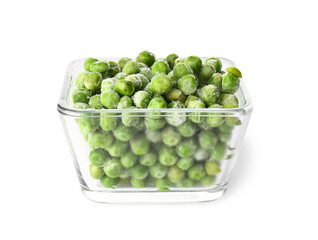 Bowl with frozen green peas on white background