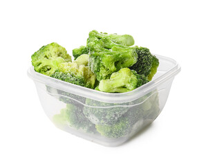 Container with frozen broccoli on white background