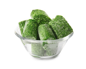 Bowl with frozen spinach on white background