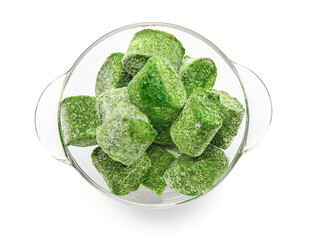 Bowl with frozen spinach on white background