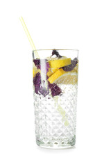 Glass of tasty lemonade with basil on white background