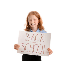 Cute little girl holding paper with text BACK TO SCHOOL on white background