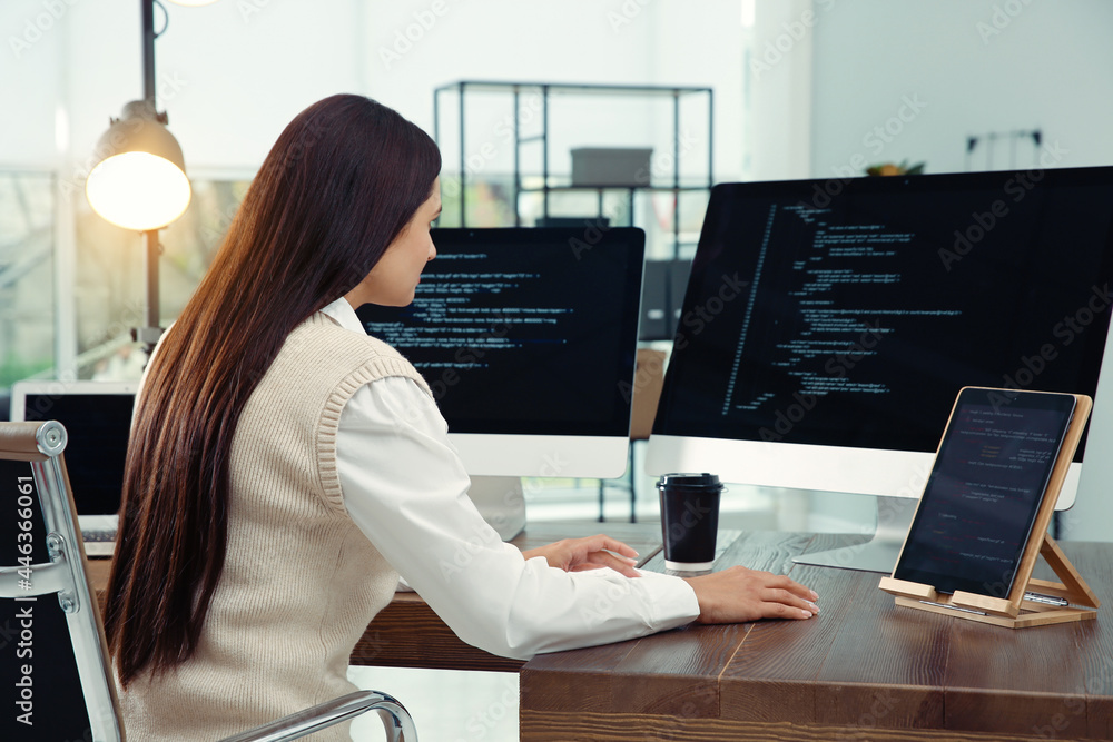 Poster programmer working at desk in modern office