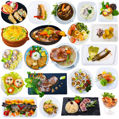 Collection of various meat, fish, chicken dishes with vegetables isolated on white background