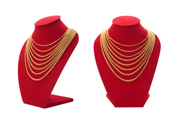 Gold necklaces on red necklace display stand. isolated on white background. - obrazy, fototapety, plakaty