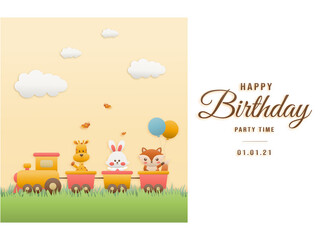 Cute hippo, cake and elephant on train birthday greeting card. jungle animals celebrate children's birthday and template invitation paper and papercraft style vector illustration.Theme happy birthday.