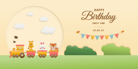 Obraz na płótnie Canvas Cute hippo, cake and elephant on train birthday greeting card. jungle animals celebrate children's birthday and template invitation paper and papercraft style vector illustration.Theme happy birthday.
