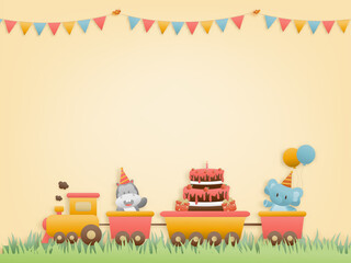 Cute hippo, cake and elephant on train birthday greeting card. jungle animals celebrate children's birthday and template invitation paper and papercraft style vector illustration.Theme happy birthday.