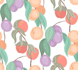 Seamless flat delicate texture with cherries, peaches, plums on branches with foliage on white background. Light cartoon pattern with berries on stems. Vector fabric with natural harvest