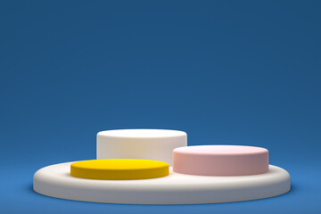 minimal podium or pedestal display on blue background for cosmetic product presentation