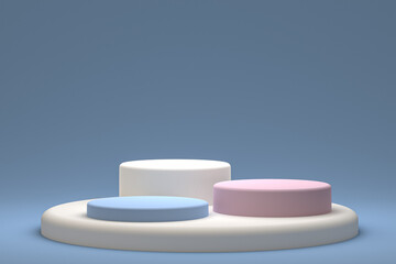 minimal podium or pedestal display on blue background for cosmetic product presentation