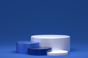 minimal podium or pedestal display on blue background for cosmetic product presentation