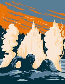 Grotto Geyser a Fountain Type Geyser Located in the Upper Geyser Basin in Yellowstone National Park Teton County Wyoming USA WPA Poster Art