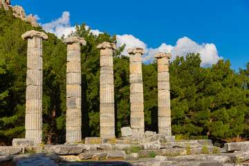 Five remained columns on ruins of ancient Temple of Athena Polias in Priene, Aydin Province,...