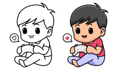 boy holding game controller coloring page for kids