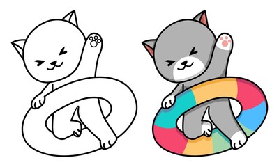 cat with swimming tires coloring page for kids