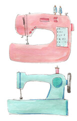 Watercolor illustration set of sewing machines pink and mint color