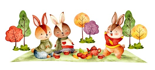 Watercolor hand drawn autumn rabbit picnic