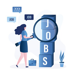 Unemployed woman uses magnifying glass to looking vacancies. Job search. Large cubes with text- jobs. Recruitment concept. Problem of unemployment, jobless manager.