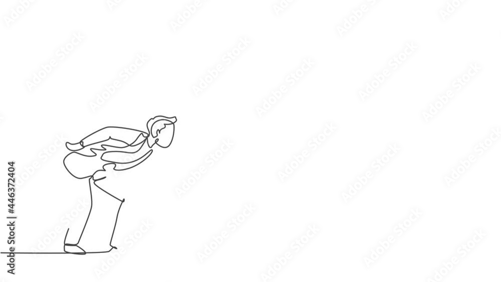 Poster self drawing animation of single one line draw young business man bent over because work overload. b