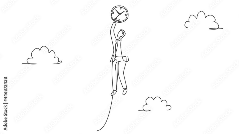 Poster animated self drawing of single continuous line draw young business man flying to the sky to reach a
